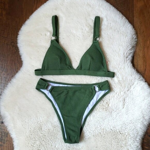 New Ribbed Triangle Bralette High Waist Bikini Set - Picture 7 of 7